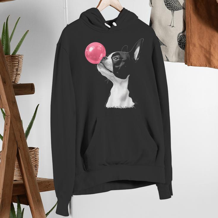 Boston Terrier Dog Blowing Chewing Bubble Gum Pink Women's Hoodie, funny gift