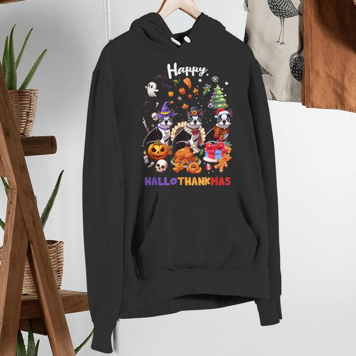 Boston Terrier Dog Christmas Happy Hallothankmas Halloween For Men Women Kids Women's Hoodie, Boston Terrier Halloween Hoodies, Boston Terrier Christmas Hoodies, funny gift