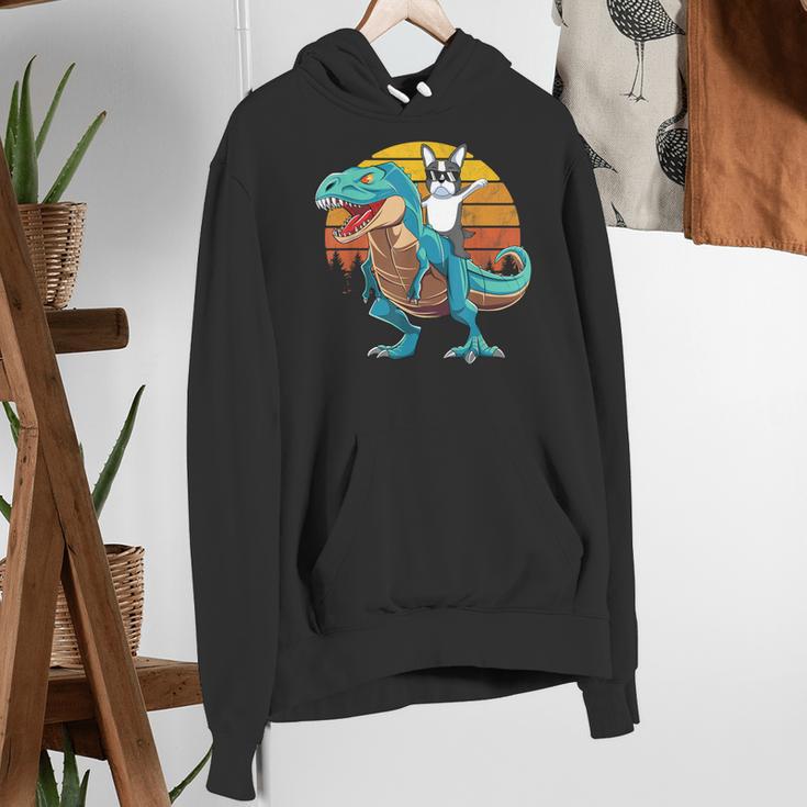 Boston Terrier Dog Riding Dinosaur T Rex Boys Women's Hoodie, Boston Terrier Riding Hoodies, funny gift