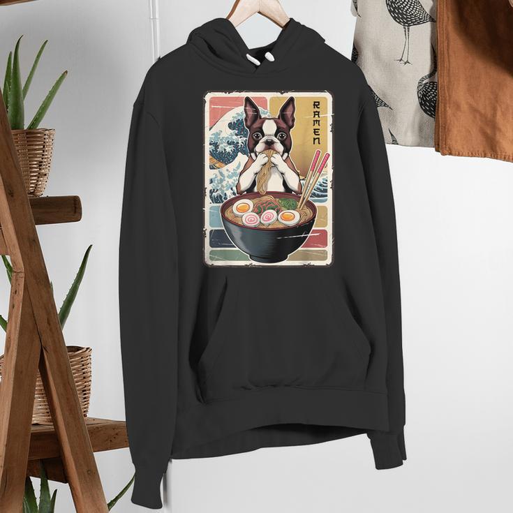 Boston Terrier Ramen Noodles Japanese Art Retro Ocean Waves Women's Hoodie, funny gift