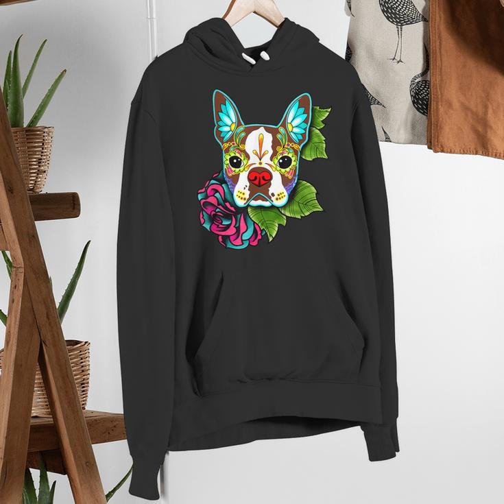 Boston Terrier In Red Day Of The Dead Sugar Skull Dog Women's Hoodie, funny gift