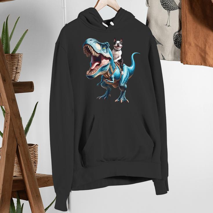 Boston Terrier Riding T-Rex Dinosaur Dog Lover Women's Hoodie, Boston Terrier Riding Hoodies, funny gift