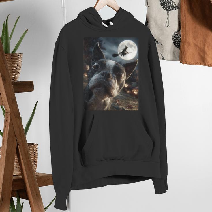 Boston Terrier Selfie Full Moon Flying Witch Halloween Dog Women's Hoodie, Boston Terrier Halloween Hoodies, funny gift