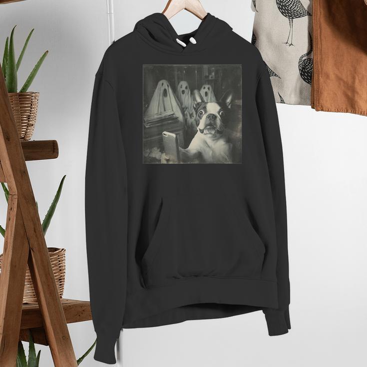 Boston Terrier Selfie With Ghosts Halloween Dog Lover Women's Hoodie, Boston Terrier Halloween Hoodies, funny gift