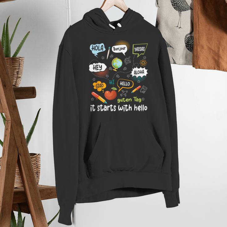 Friendship Inclusion Language Teacher It Starts With Hello Women's Hoodie, funny gift Friendship Inclusion Language Teacher It Starts With Hello Women's Hoodie, funny gift