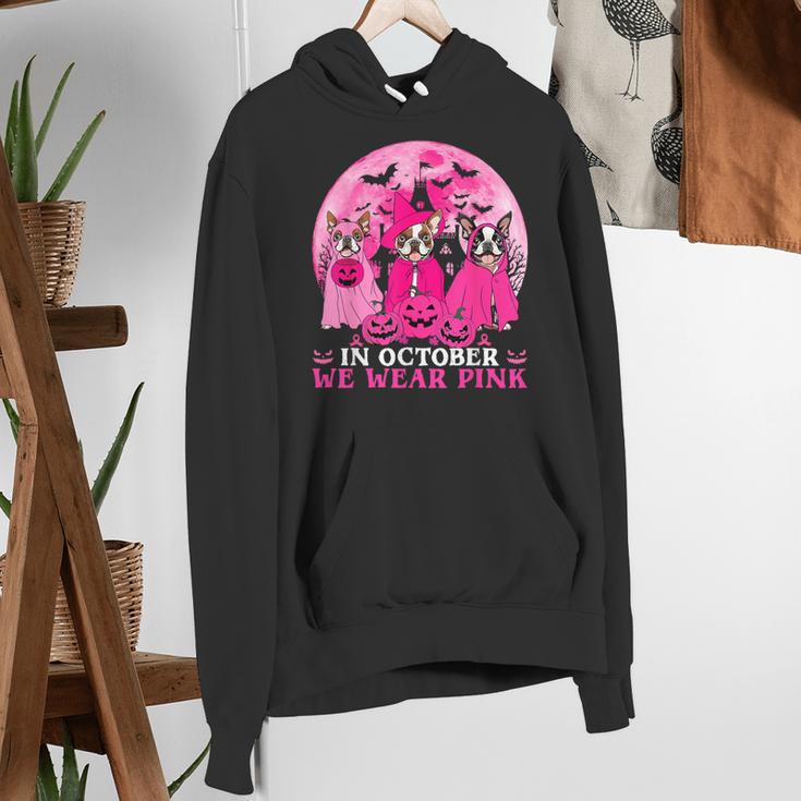 Ghost And Witch Boston Terrier Dog In October We Wear Pink Women's Hoodie, Boston Terrier Ghost Hoodies, funny gift