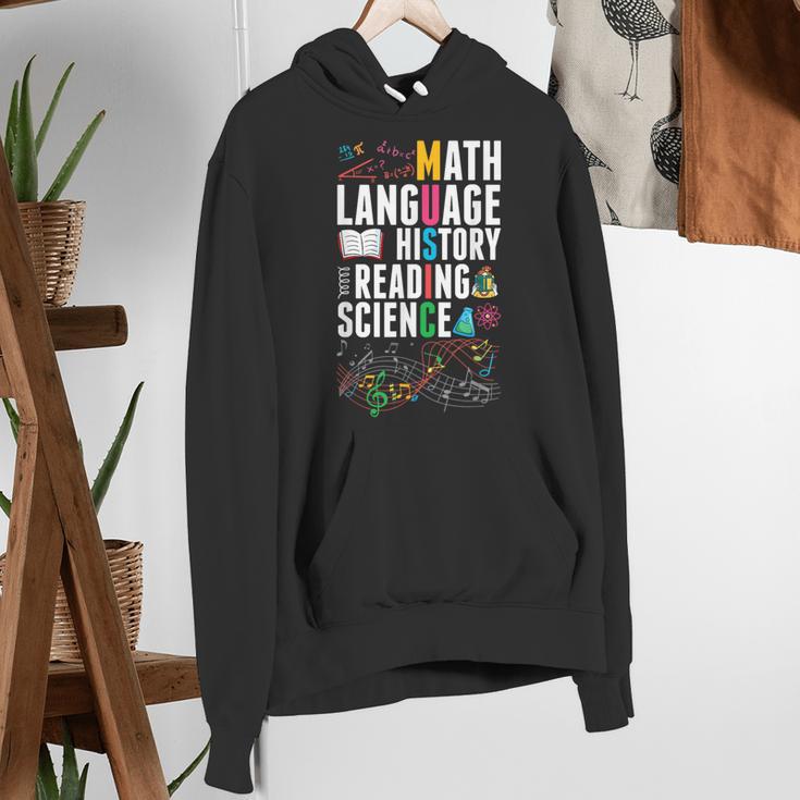 Music Teacher Music Math Language History Reading Science Women's Hoodie, History Teacher Hoodies, Science Teacher Hoodies, funny gift