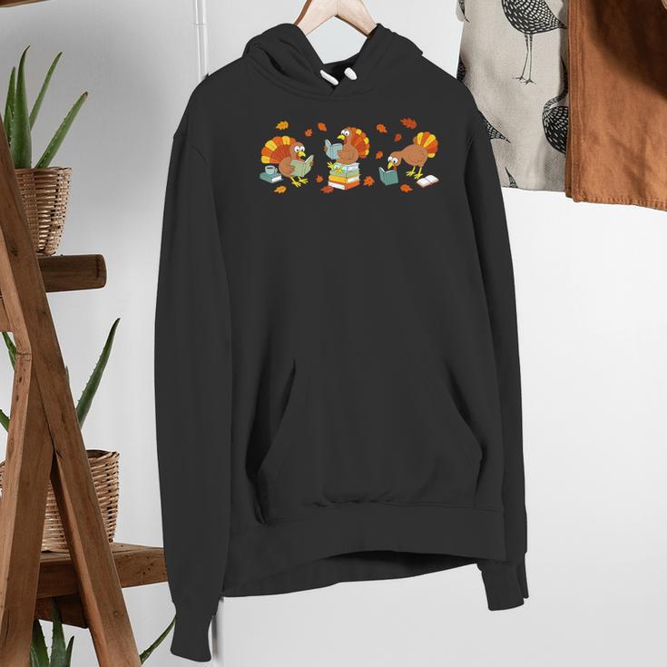 Turkey Reading Books Fall Thanksgiving Teacher Book Lovers Women's Hoodie, funny gift