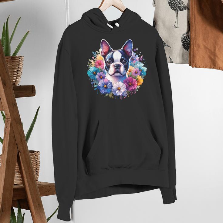 Watercolor Floral Boston Terrier Mama Dog Lover Mother's Day Women's Hoodie, funny gift