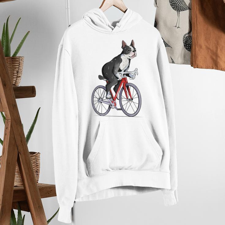 Boston Terrier Riding Bicycle Cute Bostie Biker Raglan Baseball Tee Women's Hoodie, Boston Terrier Riding Hoodies, funny gift