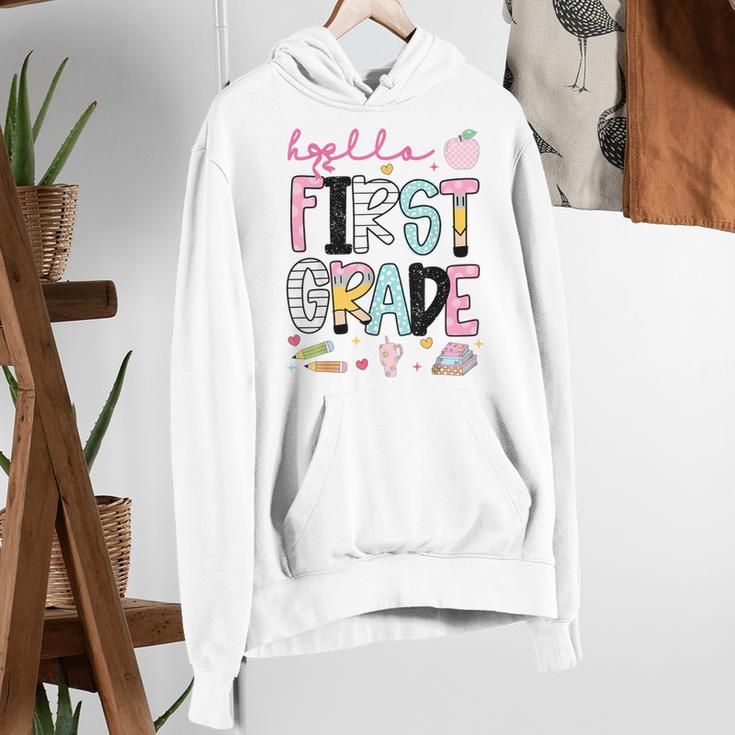 Hello First Grade Teacher Coquette Pencil Bow Back To School Women's Hoodie, First Grade Teacher Hoodies, funny gift Hello First Grade Teacher Coquette Pencil Bow Back To School Women's Hoodie, First Grade Teacher Hoodies, funny gift