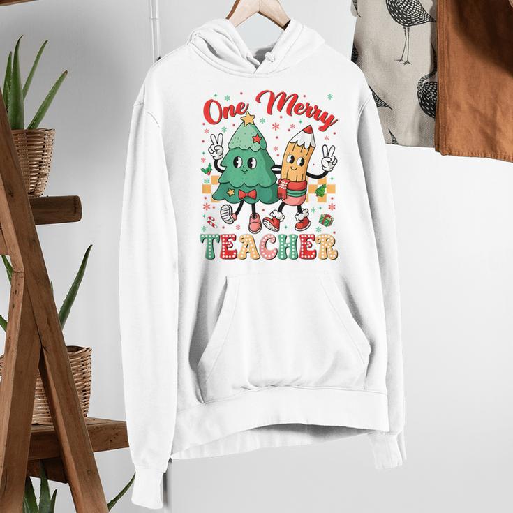 One Merry Teacher Groovy Christmas Tree Pjs Xmas Teacher Women's Hoodie, Groovy Teacher Hoodies, funny gift