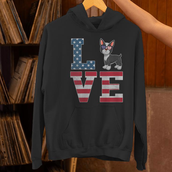 4th Of July Decor Patriotic LOVE Boston Terrier USA Flag Women's Hoodie, Patriotic Boston Terrier Hoodies, Boston Terrier 4th Of July Hoodies, gift for family, gift for coworker