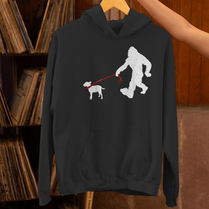 Bigfoot Walking With Bull Terrier Dog Women's Hoodie, gift for family, gift for coworker