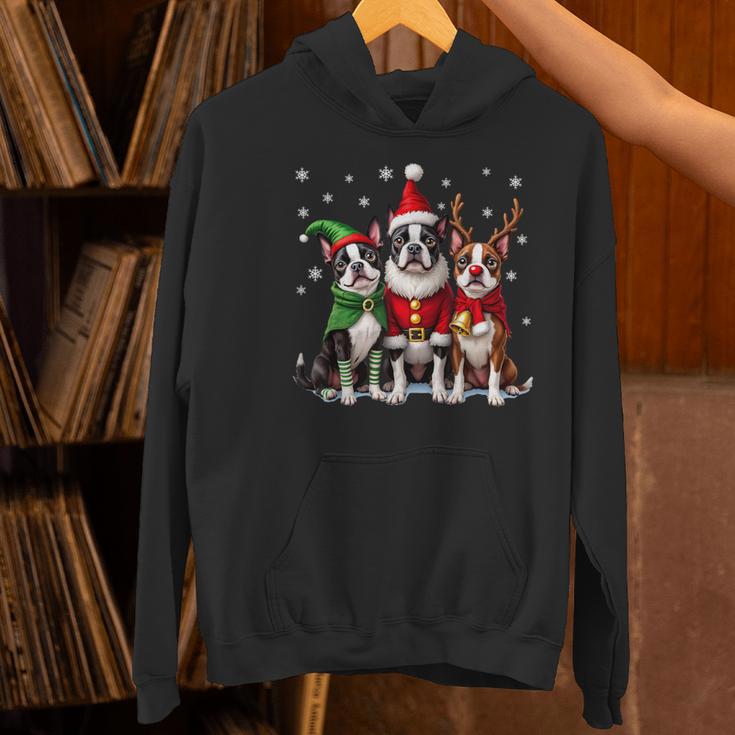 Boston Terrier Christmas Dogs Santa Reindeer Elf Women's Hoodie, Boston Terrier Christmas Hoodies, gift for family, gift for coworker