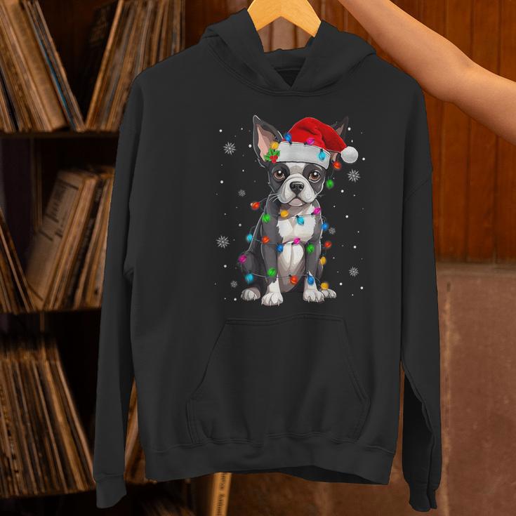 Boston Terrier Christmas Santa Hat Tree Lights Pajama Women's Hoodie, Boston Terrier Christmas Hoodies, gift for family, gift for coworker