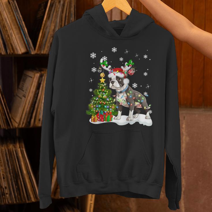 Boston Terrier Christmas Tree Lights Santa Hat Women's Hoodie, Boston Terrier Christmas Hoodies, gift for family, gift for coworker