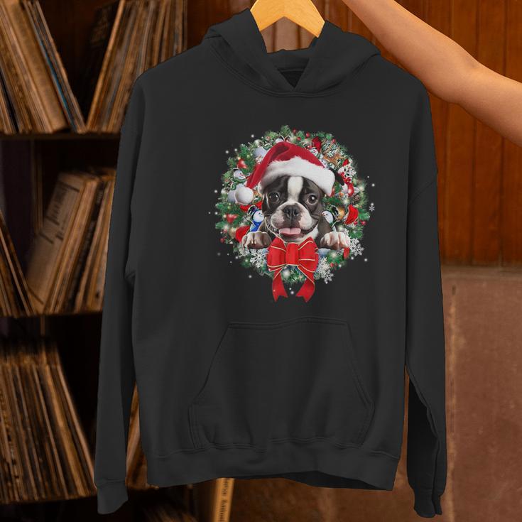 Boston Terrier Christmas Wreath Decoration Xmas Pajamas Women's Hoodie, Boston Terrier Christmas Hoodies, gift for family, gift for coworker