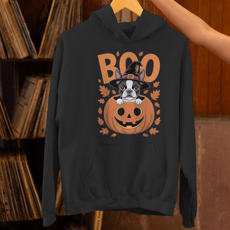 Boston Terrier Costume On Pumpkin Halloween Boston Terrier Women's Hoodie, Boston Terrier Halloween Hoodies, gift for family, gift for coworker
