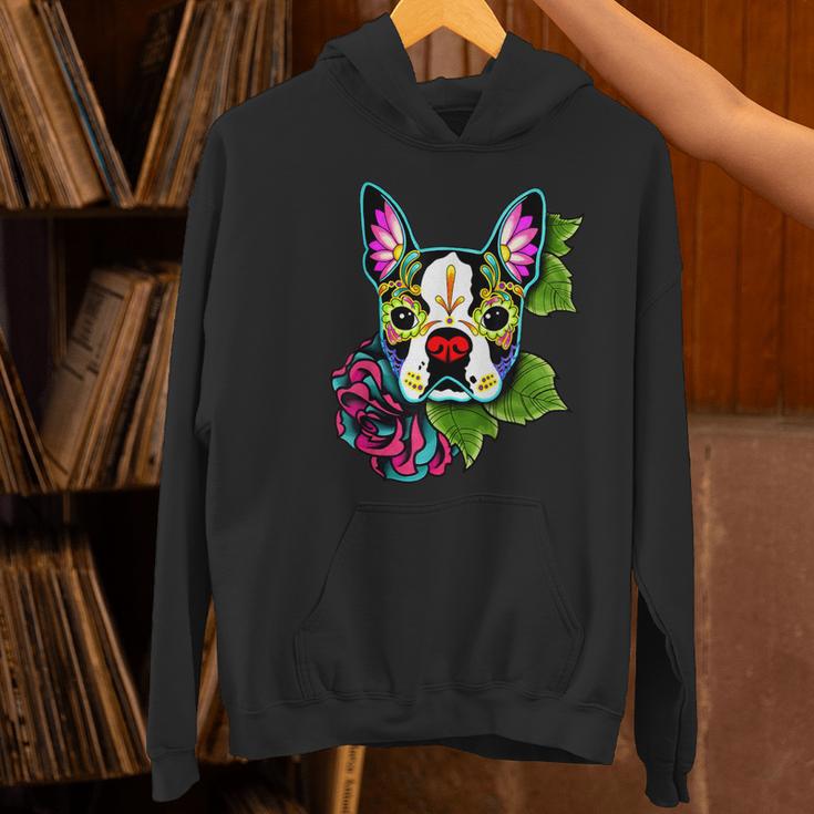 Boston Terrier In Day Of The Dead Sugar Skull Dog Women's Hoodie, gift for family, gift for coworker