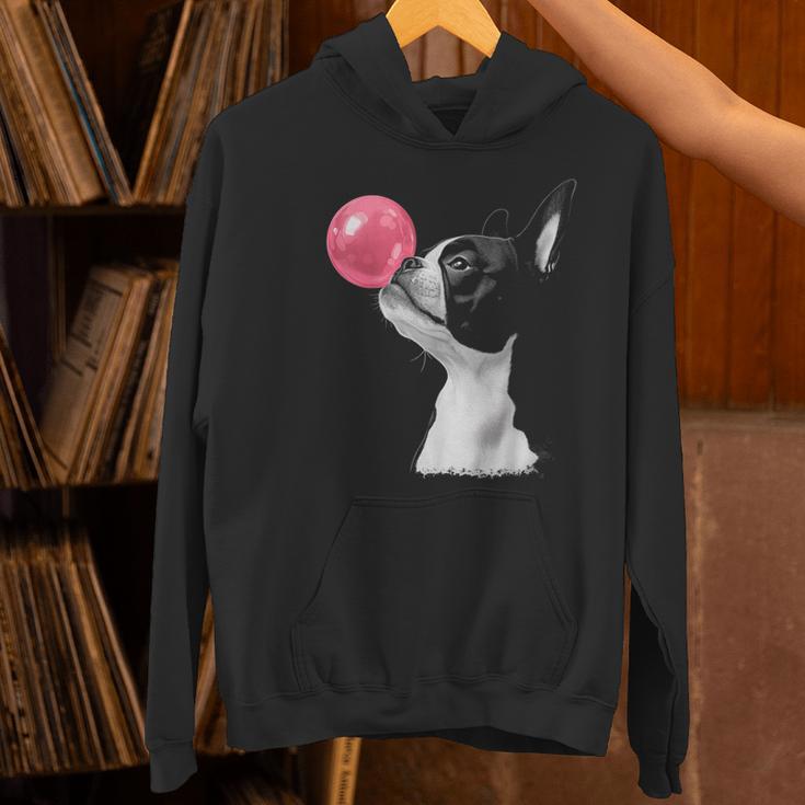 Boston Terrier Dog Blowing Chewing Bubble Gum Pink Women's Hoodie, gift for family, gift for coworker