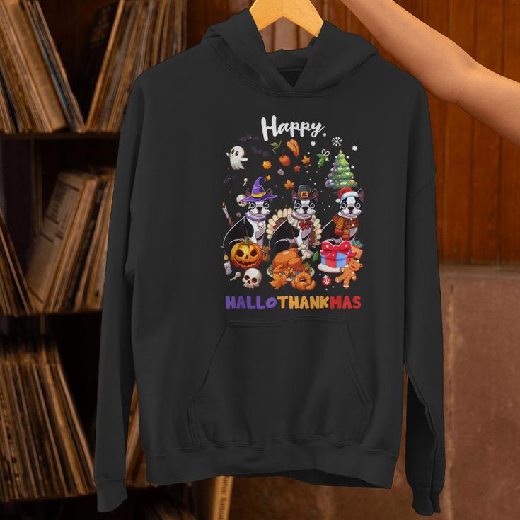 Boston Terrier Dog Christmas Happy Hallothankmas Halloween For Men Women Kids Women's Hoodie, Boston Terrier Halloween Hoodies, Boston Terrier Christmas Hoodies, gift for family, gift for coworker