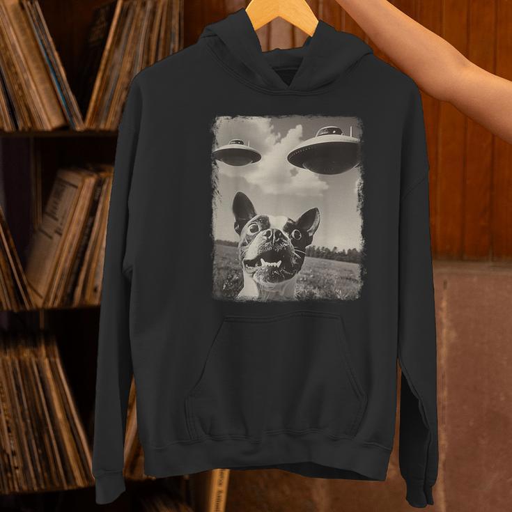 Boston Terrier Dog UFO Alien Extraterrestrial Selfie Women's Hoodie, gift for family, gift for coworker