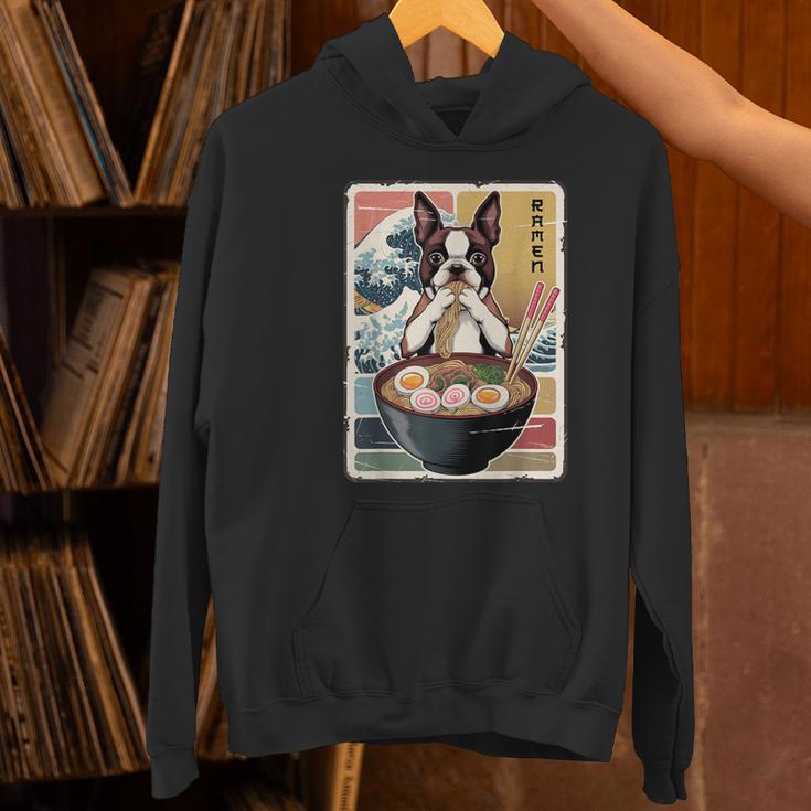 Boston Terrier Ramen Noodles Japanese Art Retro Ocean Waves Women's Hoodie, gift for family, gift for coworker