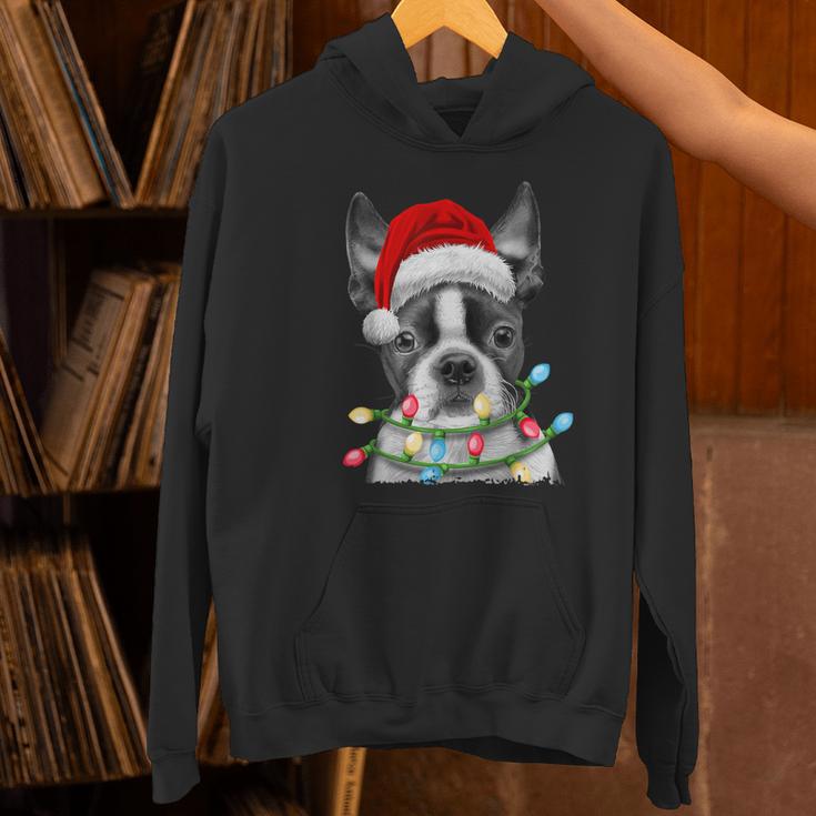 Boston Terrier Santa Christmas Tree Lights Xmas Boys Men Dog Women's Hoodie, Boston Terrier Christmas Hoodies, gift for family, gift for coworker