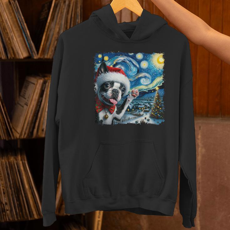 Boston Terrier Santa Starry Night Van Gogh Christmas Dog Men Women Kids Women's Hoodie, Boston Terrier Christmas Hoodies, gift for family, gift for coworker