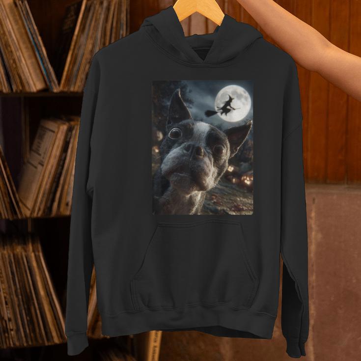 Boston Terrier Selfie Full Moon Flying Witch Halloween Dog Women's Hoodie, Boston Terrier Halloween Hoodies, gift for family, gift for coworker