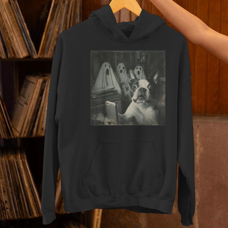 Boston Terrier Selfie With Ghosts Halloween Dog Lover Women's Hoodie, Boston Terrier Halloween Hoodies, gift for family, gift for coworker
