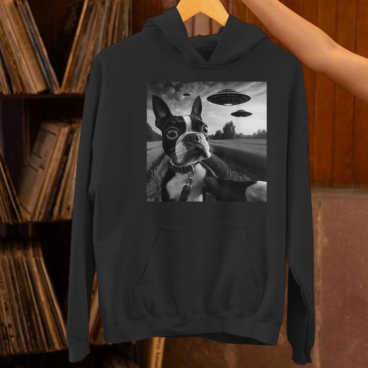 Boston Terrier Graphic Selfie With UFOs Weird Aliens Women's Hoodie, gift for family, gift for coworker
