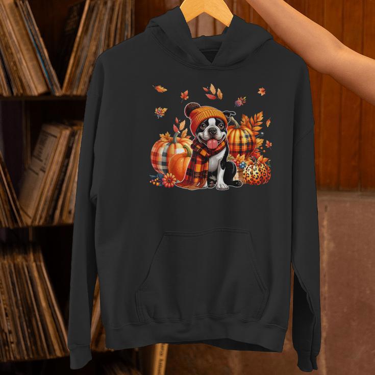 Boston Terrier Thanksgiving Leopard Pumpkins Fall Leaves Women's Hoodie, Boston Terrier Thanksgiving Hoodies, gift for family, gift for coworker