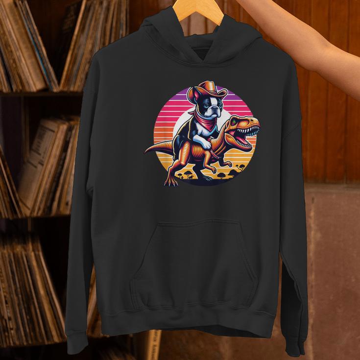 Boston Terrier Wearing A Cowboy Hat On T-Rex Women's Hoodie, gift for family, gift for coworker