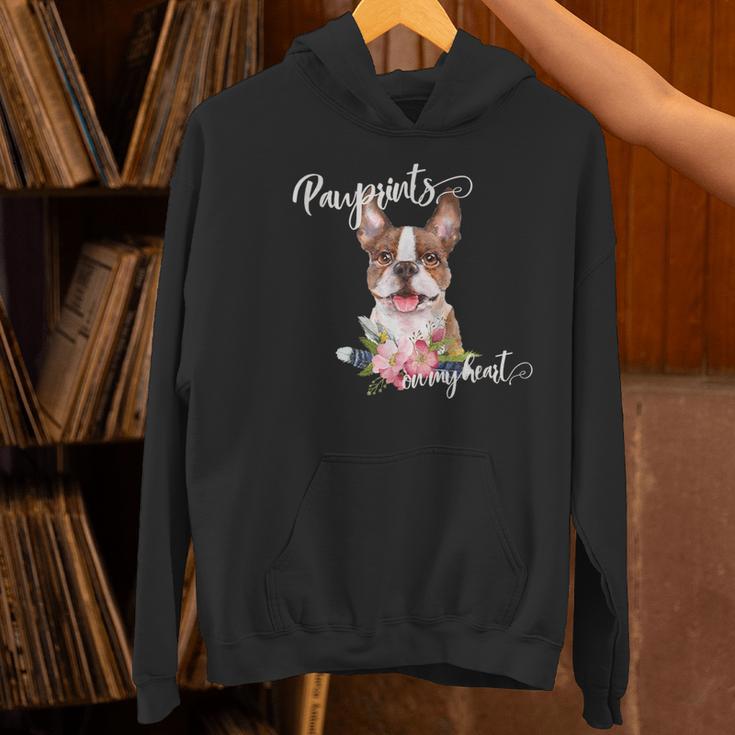 Brown Boston Terrier With Flowers And Feathers Women's Hoodie, gift for family, gift for coworker