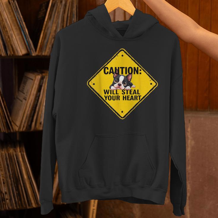 Caution Sign Boston Terrier Dog Bostie Puppy Women's Hoodie, gift for family, gift for coworker