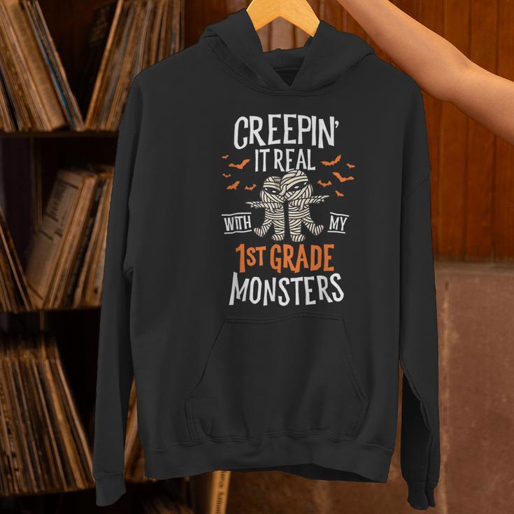 Creepin It Real With My 1st Grade Monsters Halloween Teacher Women's Hoodie, gift for family, gift for coworker