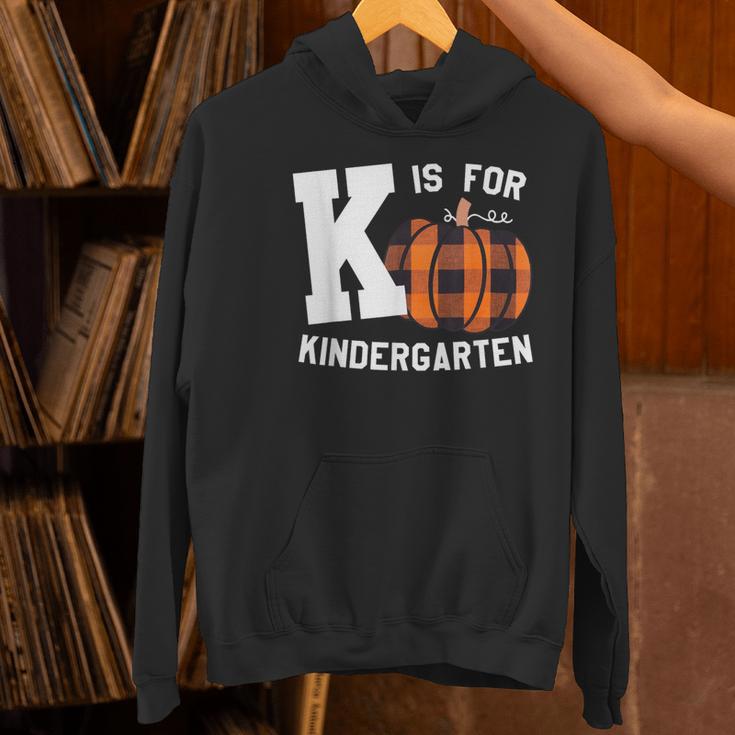 Fall Kindergarten Teacher K Is For Buffalo Plaid Pumpkin Women's Hoodie, gift for family, gift for coworker