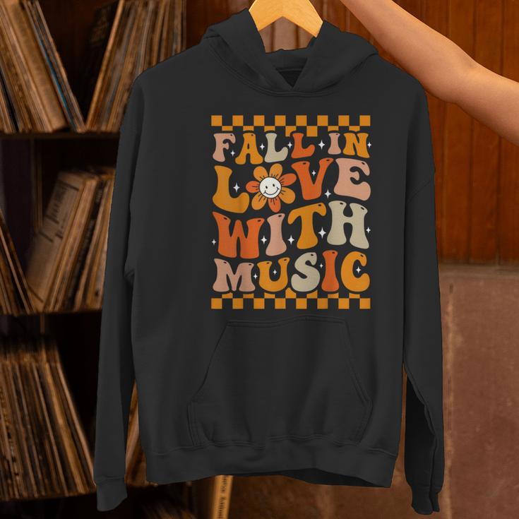 Fall In Love With Music Groovy Thanksgiving Music Teacher Men Women Girls Kids Women's Hoodie, Groovy Teacher Hoodies, gift for family, gift for coworker
