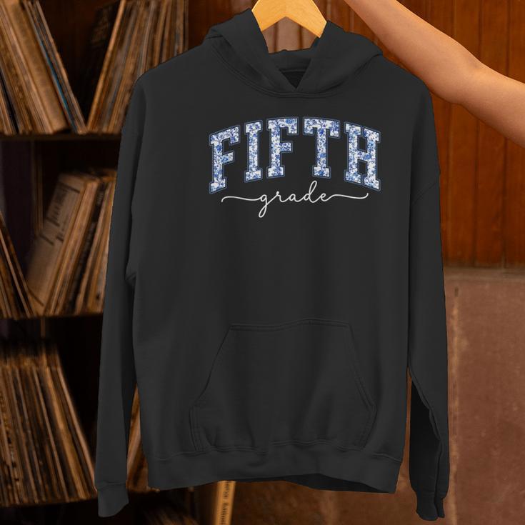 Fifth Grade Coquette Toile Blue Bow Floral Women Teacher Women's Hoodie, gift for family, gift for coworker