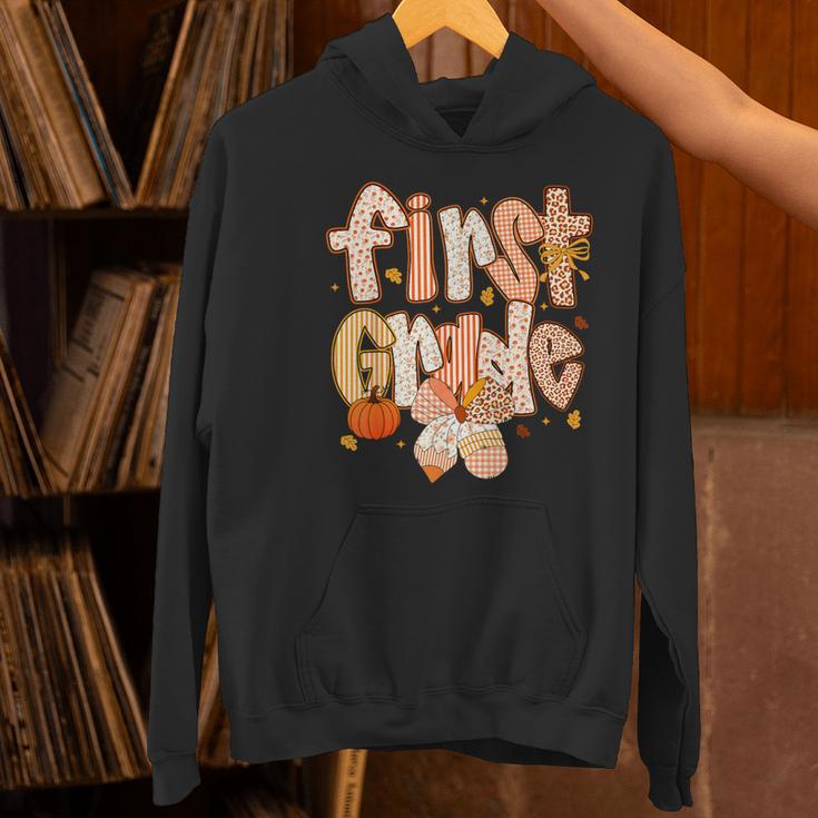 First Grade Fall Floral Coquette Bow Teachers Students Women's Hoodie, First Grade Teacher Hoodies, gift for family, gift for coworker First Grade Fall Floral Coquette Bow Teachers Students Women's Hoodie, First Grade Teacher Hoodies, gift for family, gift for coworker