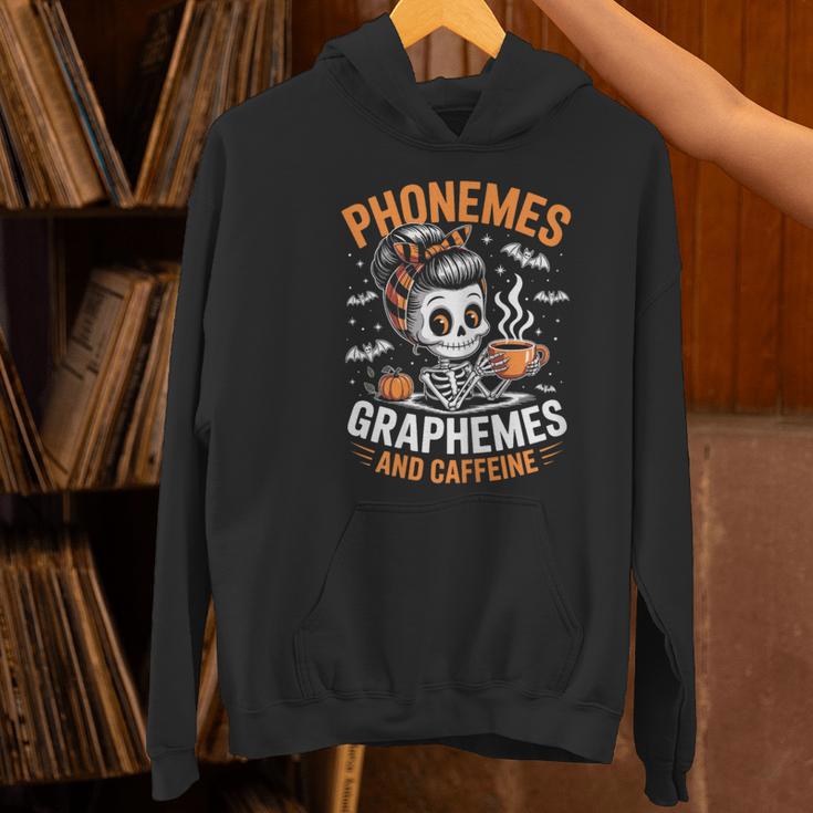 Halloween Skeleton Teacher Phonemes Graphemes Caffeine Lover Women's Hoodie, gift for family, gift for coworker