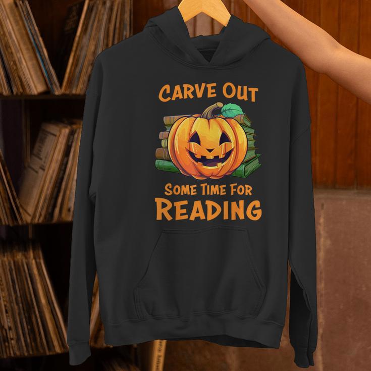 Halloween Teacher Librarian Pumpkin Reading Books Men Women Kids Women's Hoodie, gift for family, gift for coworker