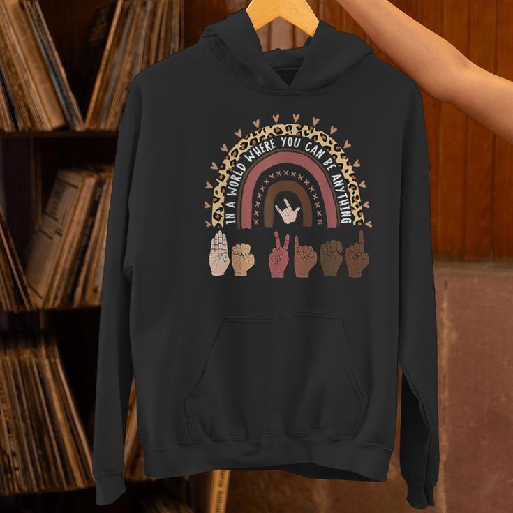 Be Kind Hand-Talking Teacher Artist ASL Women's Hoodie, gift for family, gift for coworker