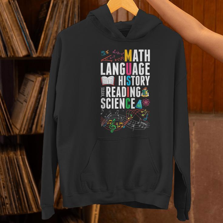 Music Teacher Music Math Language History Reading Science Women's Hoodie, History Teacher Hoodies, Science Teacher Hoodies, gift for family, gift for coworker