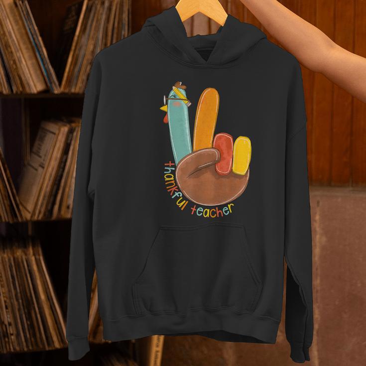 One Thankful Teacher Thanksgiving Turkey Peace Hand Sign Women's Hoodie, gift for family, gift for coworker
