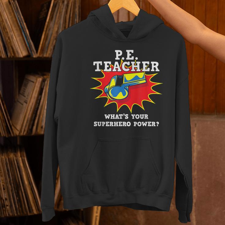 PE Physical Education Teacher Superhero Power School Women's Hoodie, Pe Teacher Hoodies, gift for family, gift for coworker