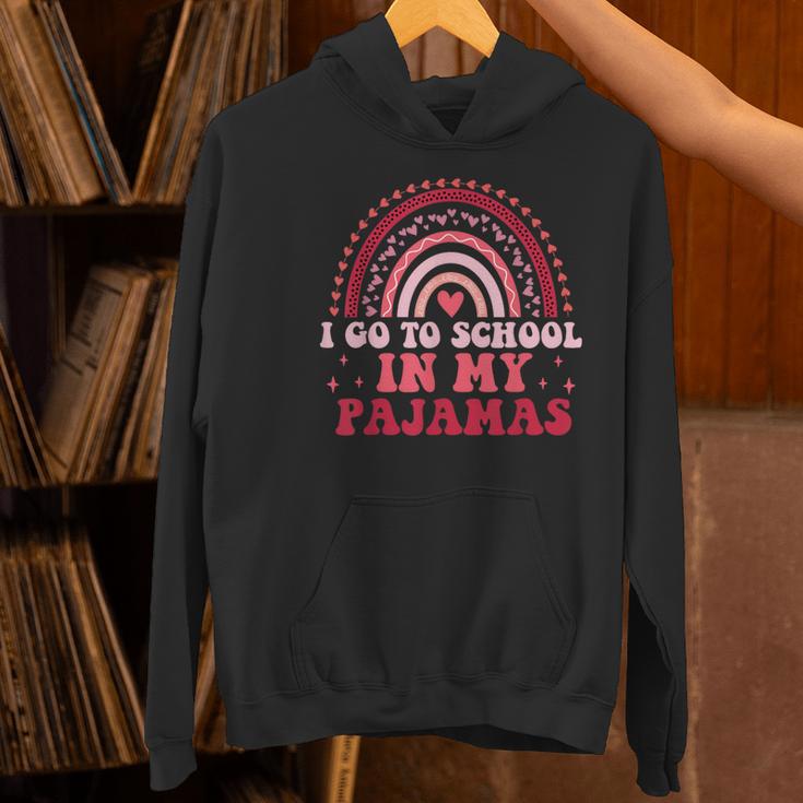 Rainbow Homeschool Mom Teacher I Go To School In My Pajamas Women's Hoodie, gift for family, gift for coworker