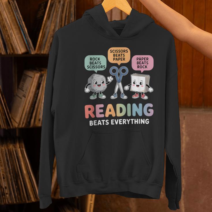 Reading Beats Everything Teacher Rock Paper Scissors Women's Hoodie, gift for family, gift for coworker